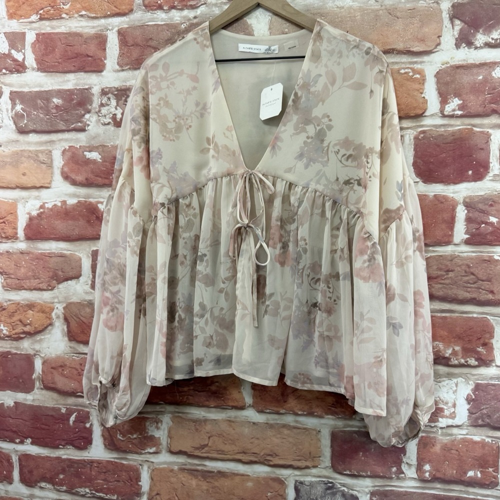 Altard State Top Women's Large Cream Cottage Chic Floral Peasant Sleeve Shirt - Picture 3 of 9